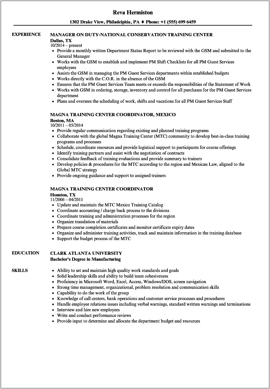 Training Out Of State Wording Resume