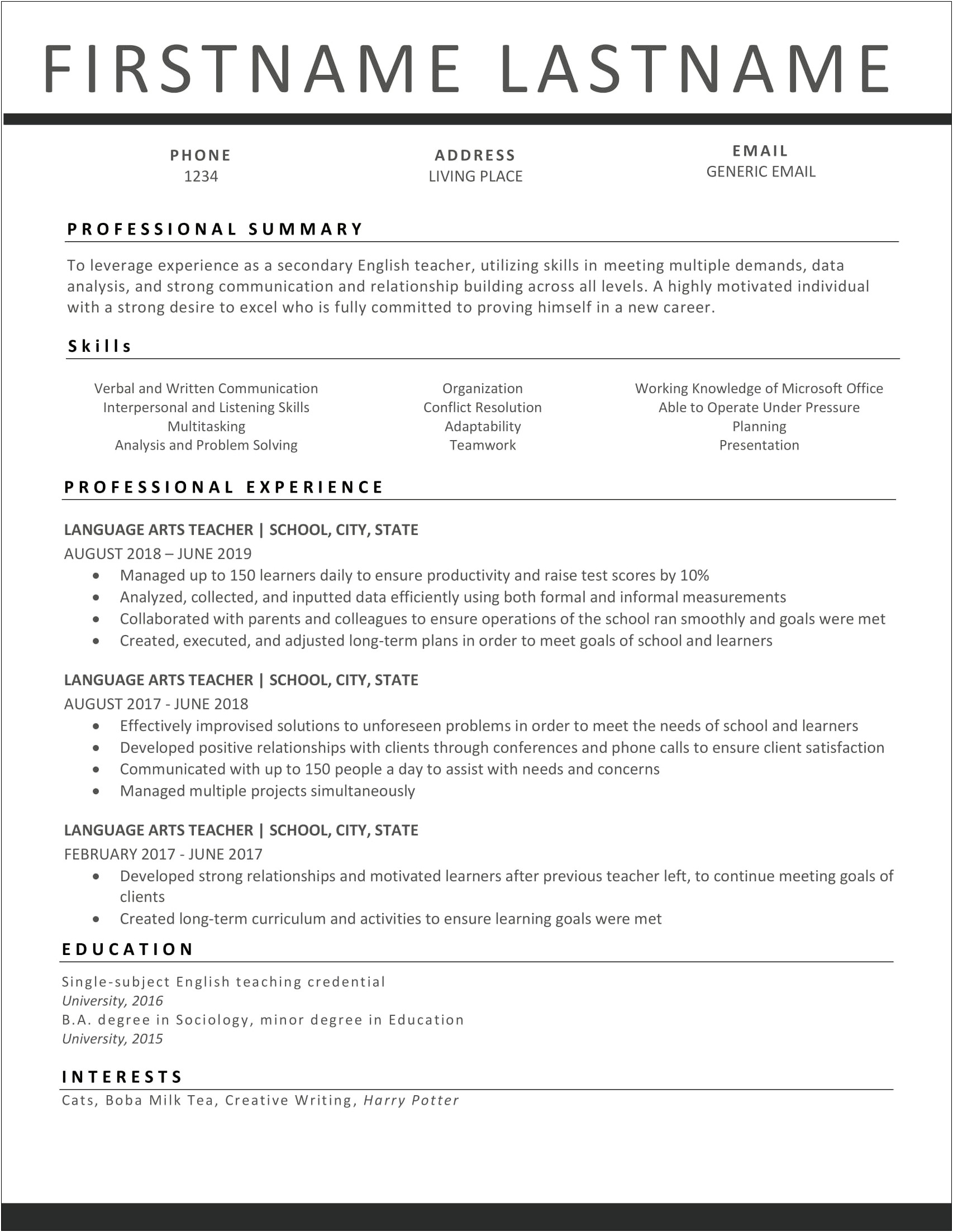 Transition Out Of Teaching Resume Examples