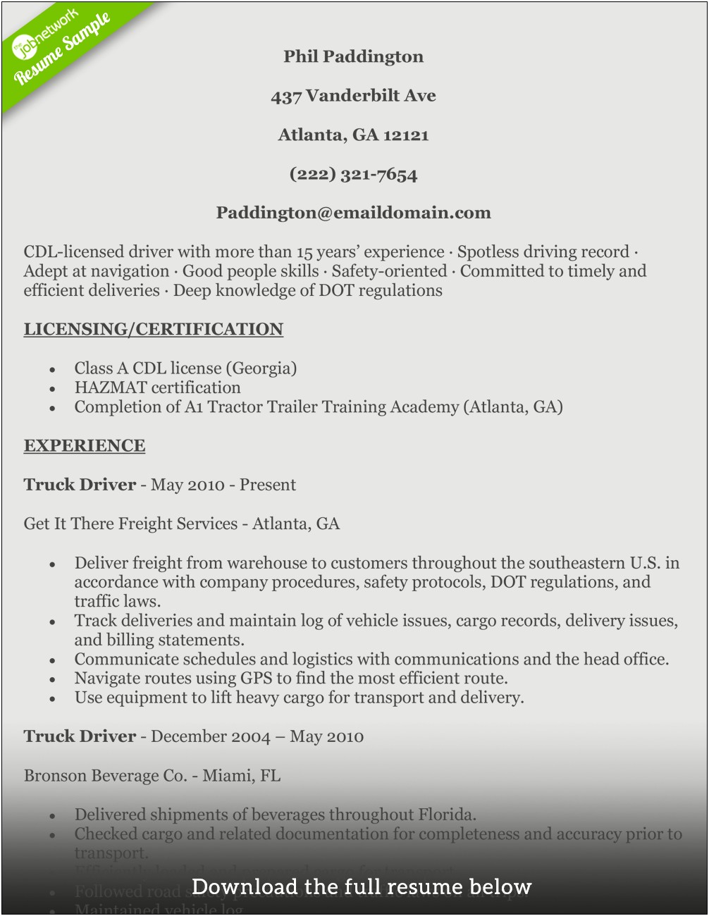 Truck Driver Job Title For Resume