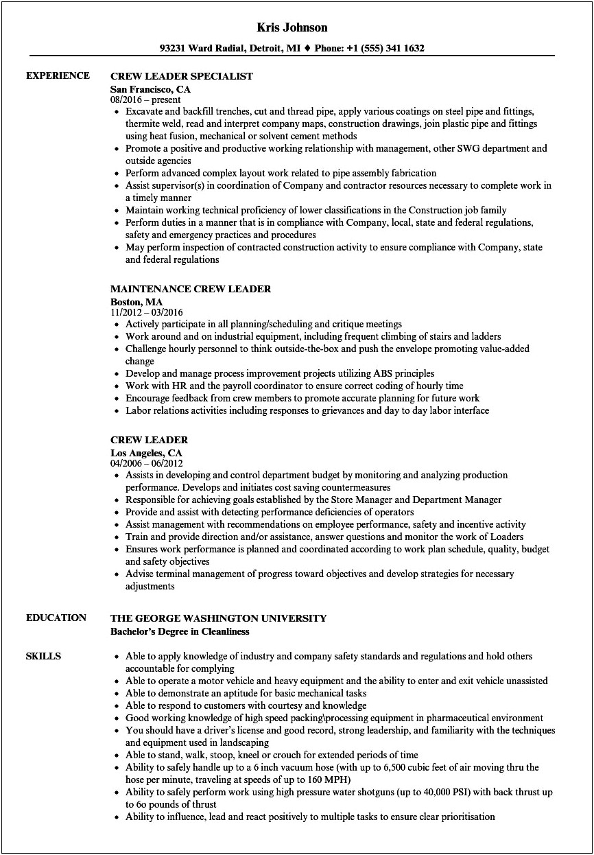 Underground Service Crew Job Description For Resume