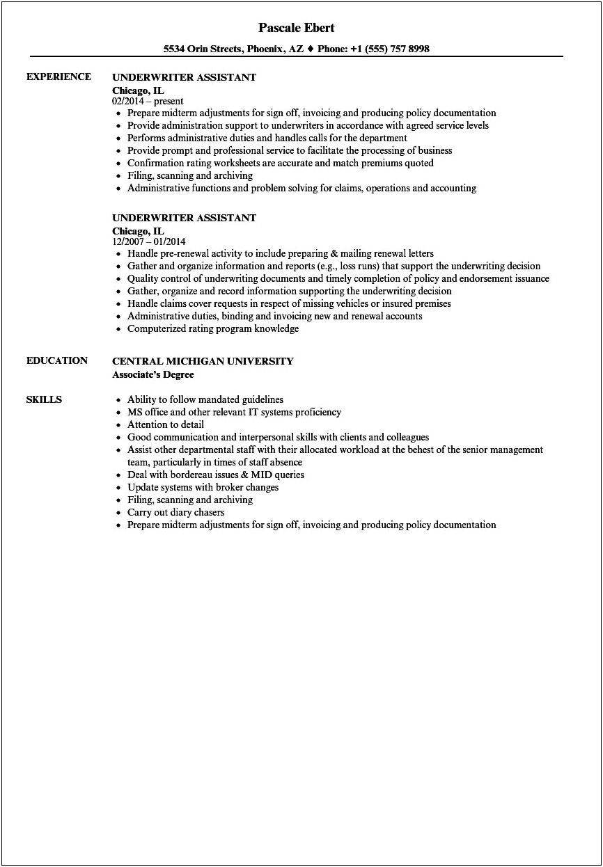 Underwriting Assistant Summary Resume Cover Letter
