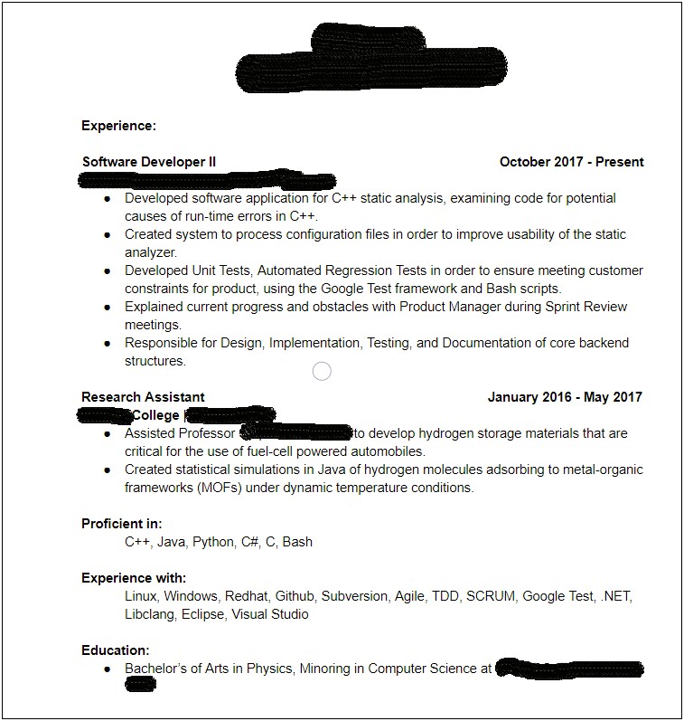 Updating Resume After First Job Sample