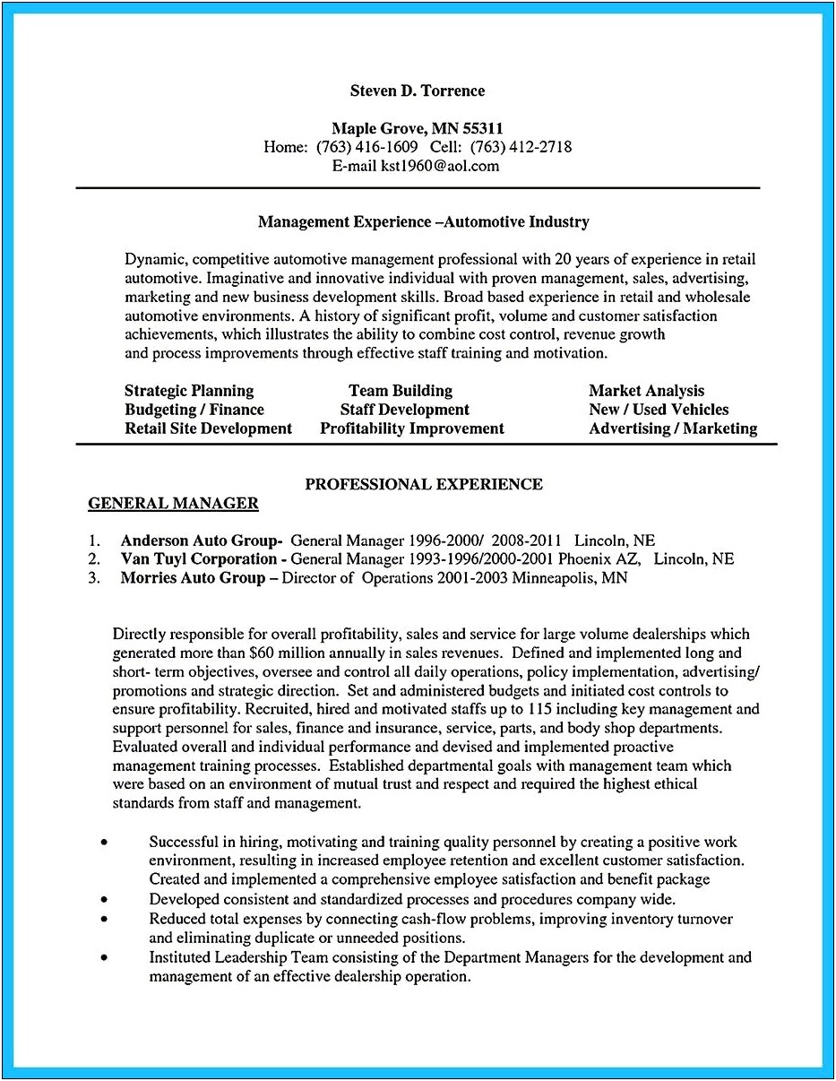 Used Car Sales Manager Resume Sample