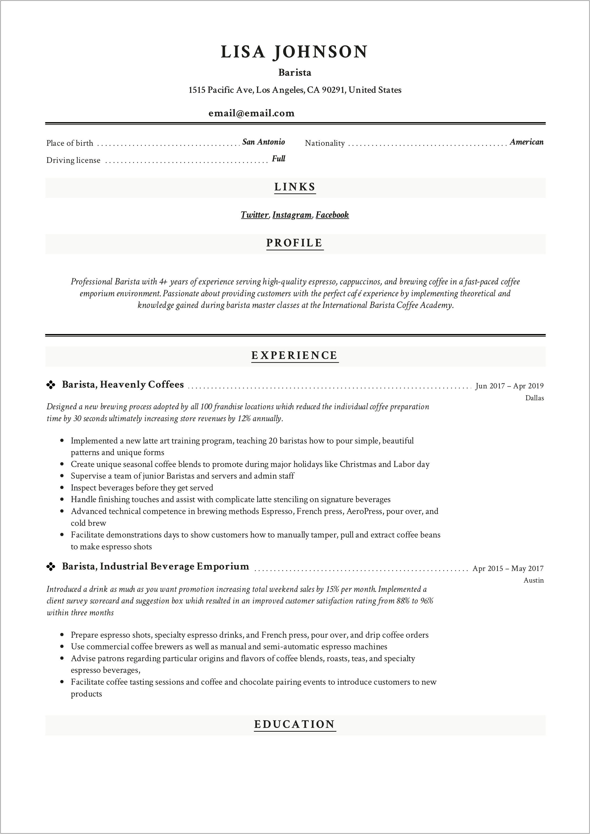 Using Barista Experience For Office Jobs Resume