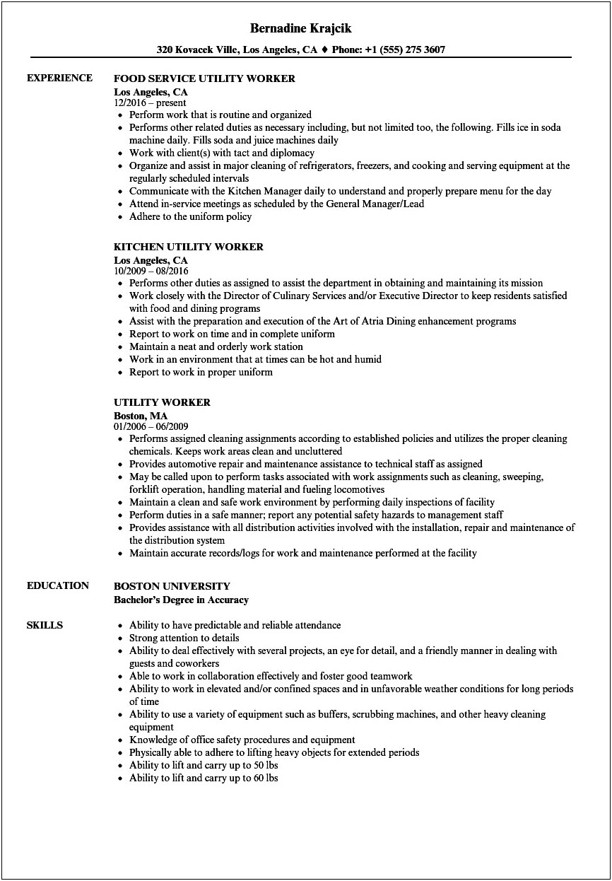 Utility Worker Job Description For Resume