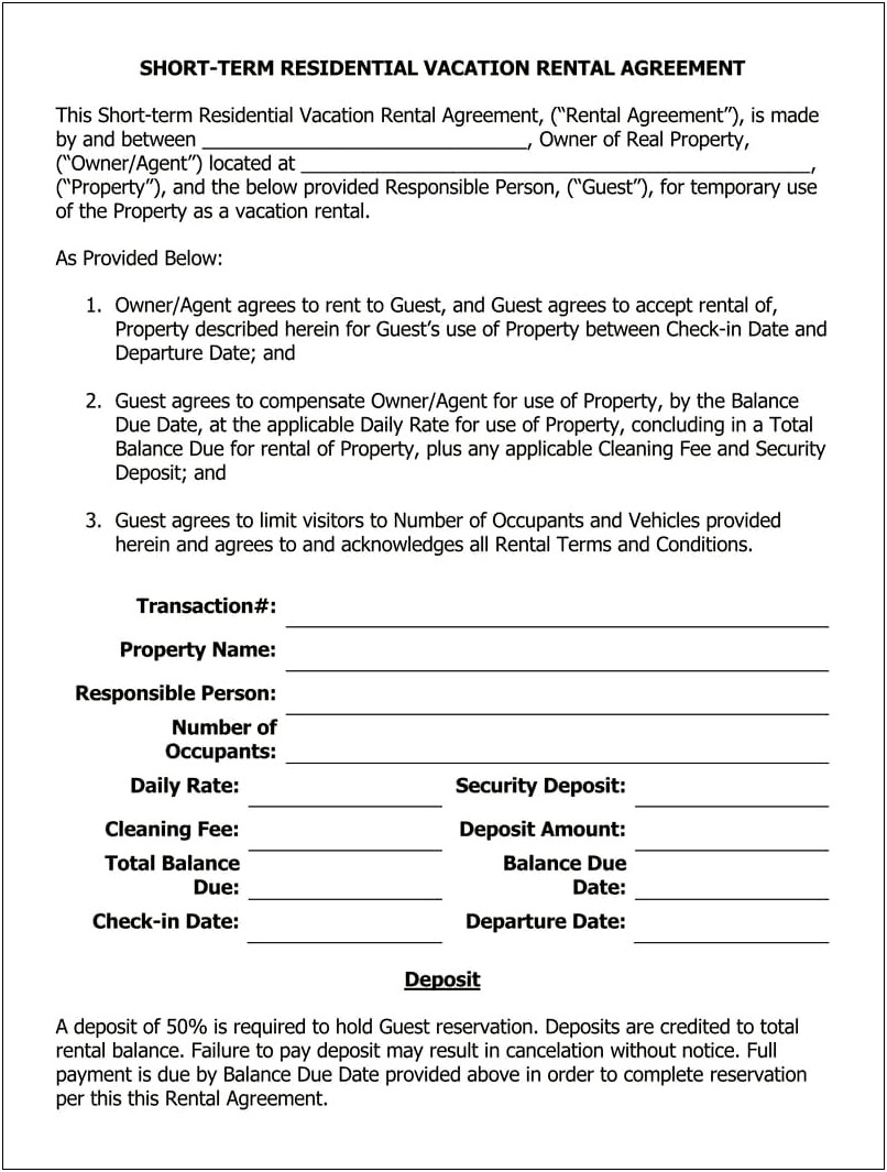 Vacation Home Rental Agreement Template Free