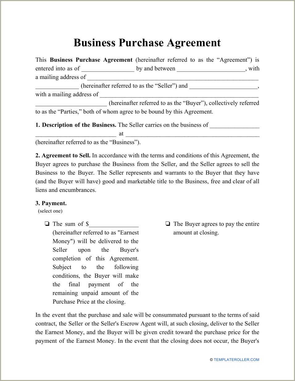 Business Purchase Agreement Template Free Download