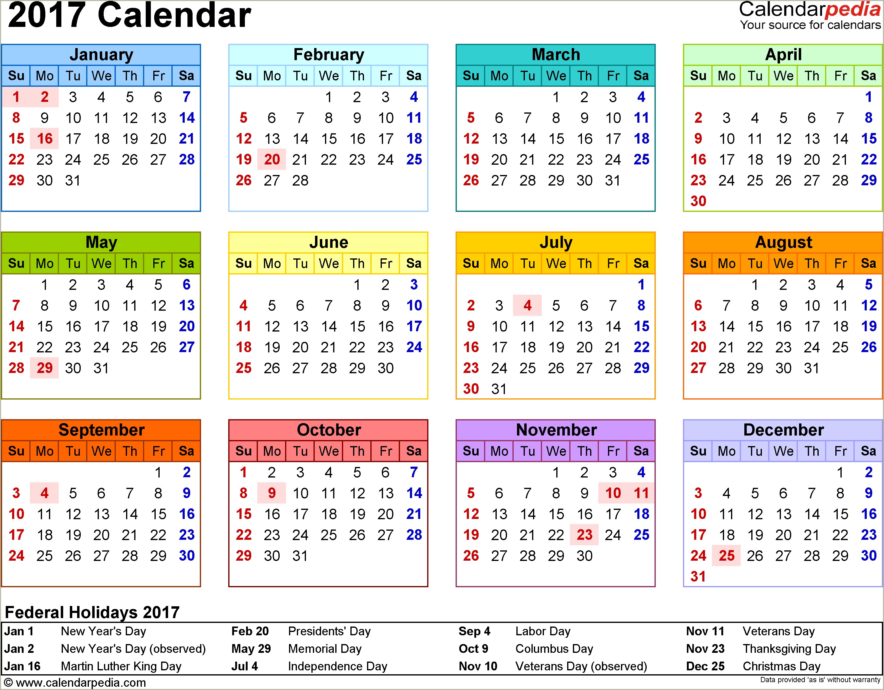 Calendar 2017 Printable Free Holiday Template
