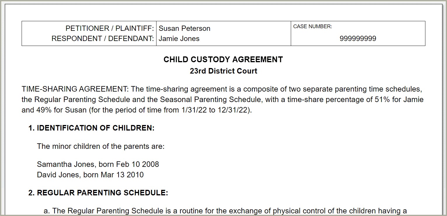 Child Custody Agreement Template Free Ontario