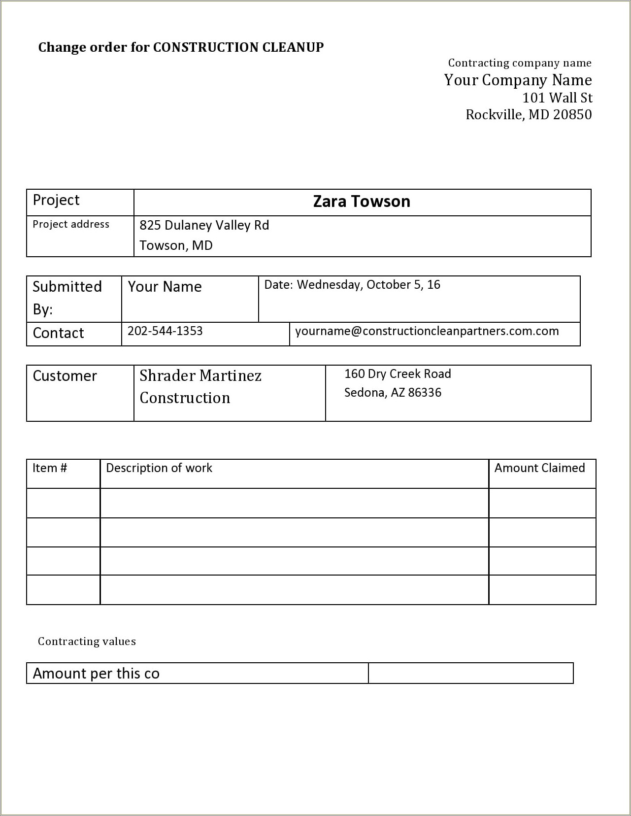 Construction Change Order Form Free Template