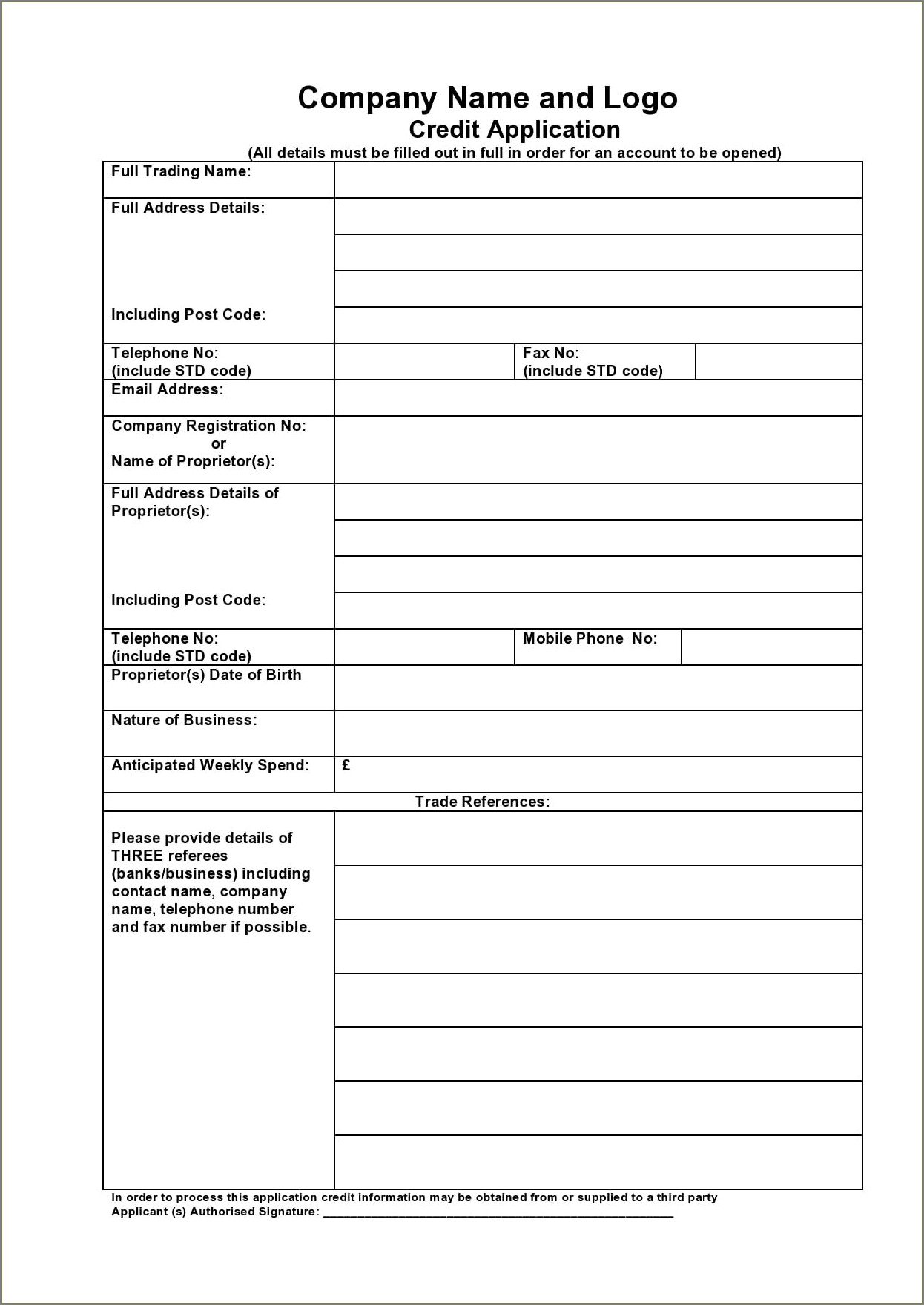 Consumer Credit Application Form Template Free