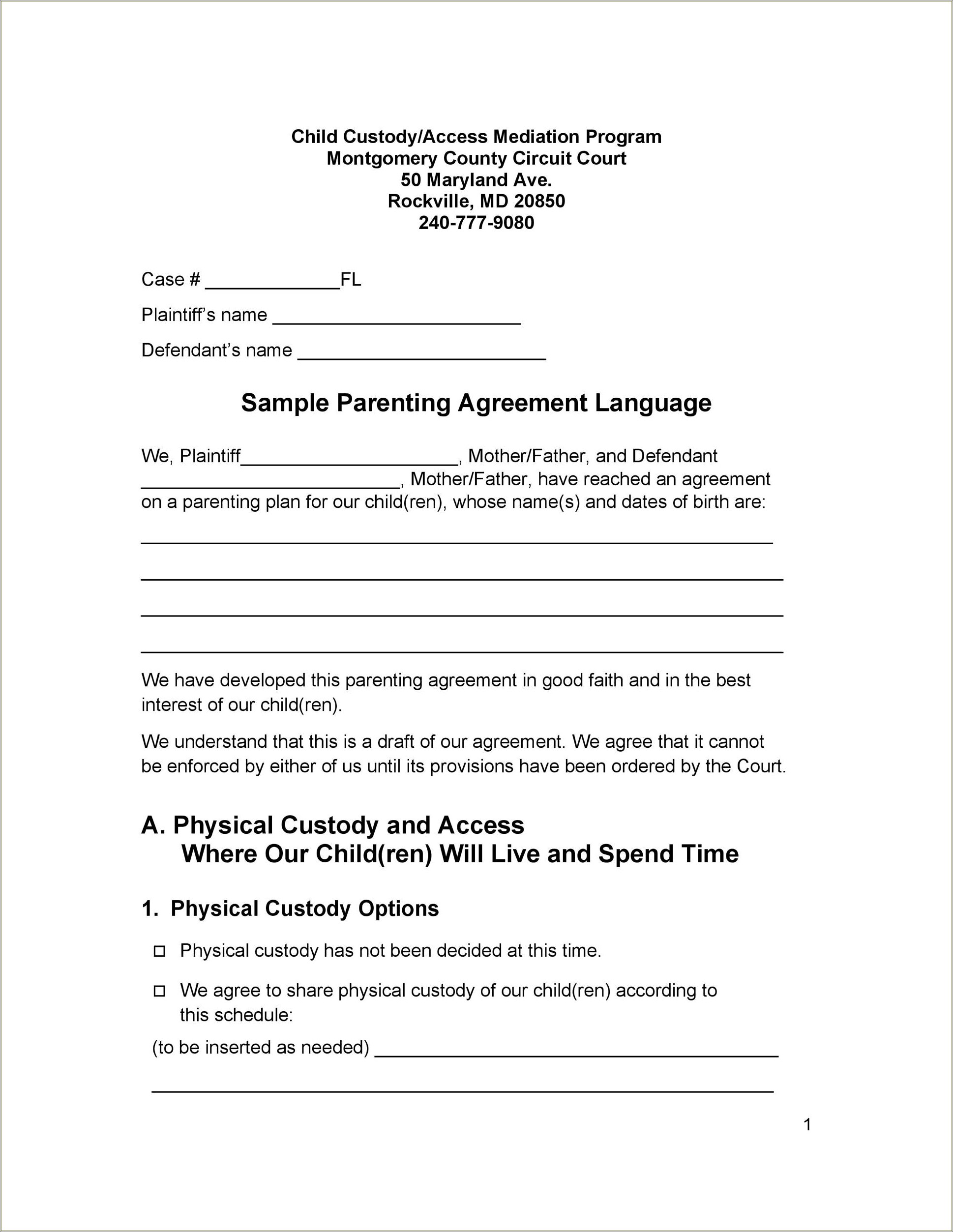 Custodial Agreement Betwee Parents Template Free