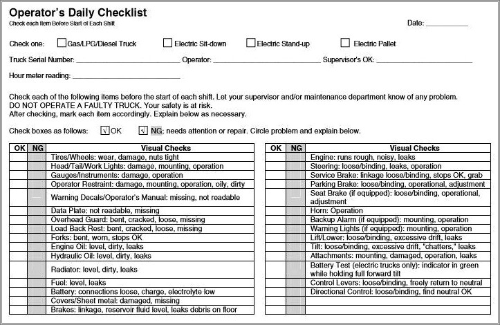 Daily Truck Inspection Checklist Free Template