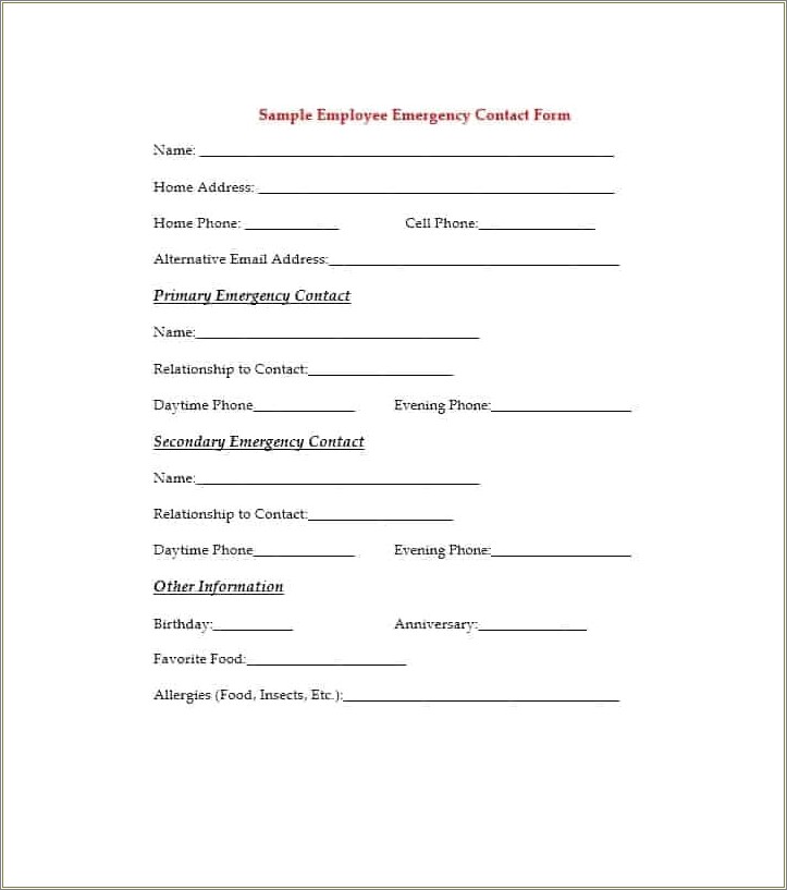 Emergency Contact Form Template Free Uk