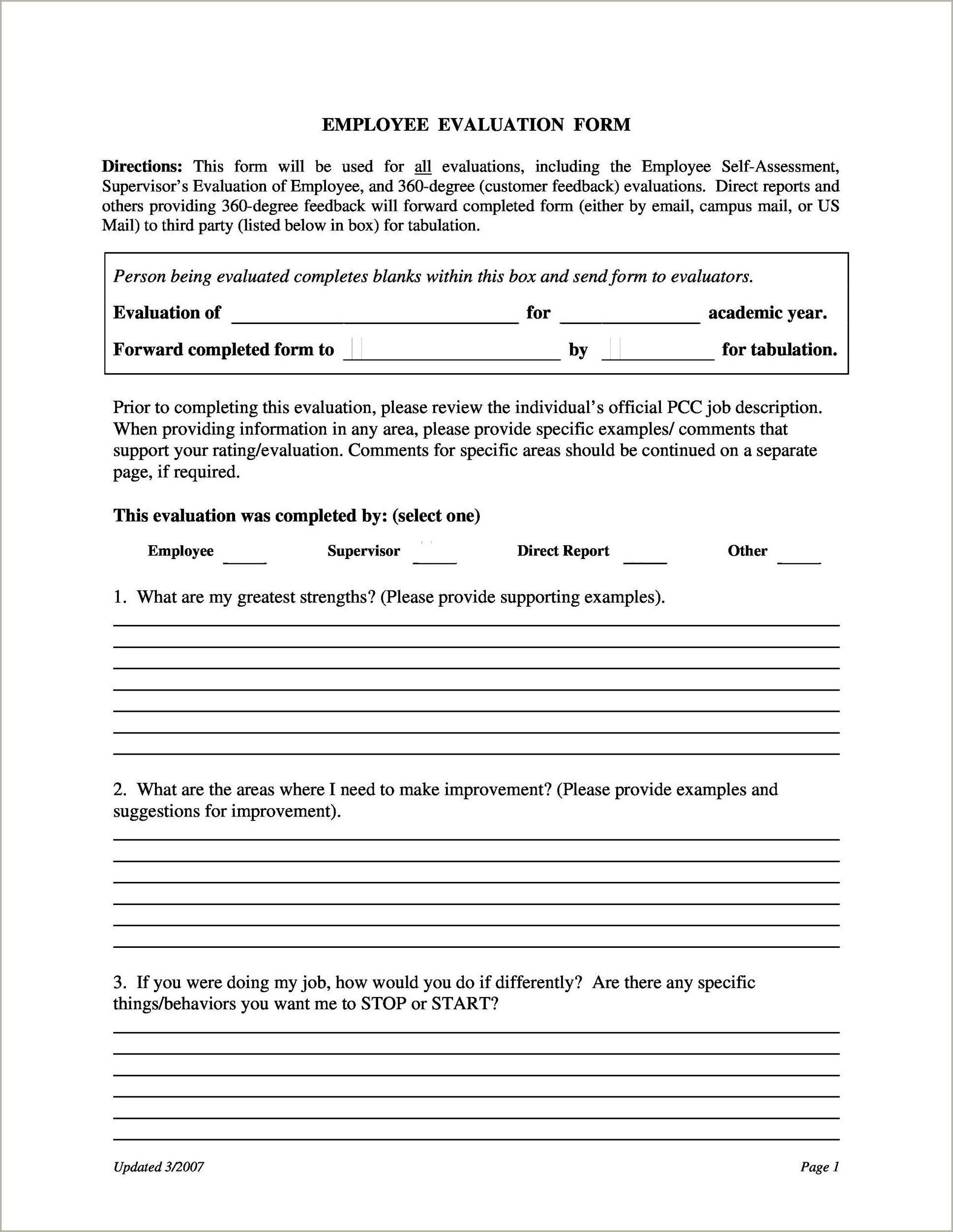 Employee 360 Evaluation Form Free Template