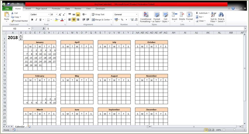 Excel Calendar Template 2018 Free Download