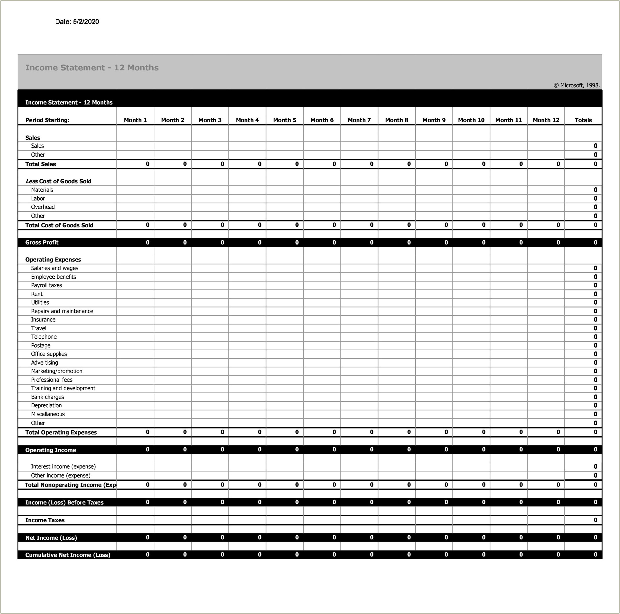 Free 12 Month Income Statement Template