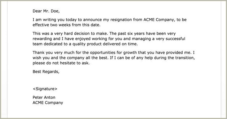Free 2 Week Resignation Letter Template