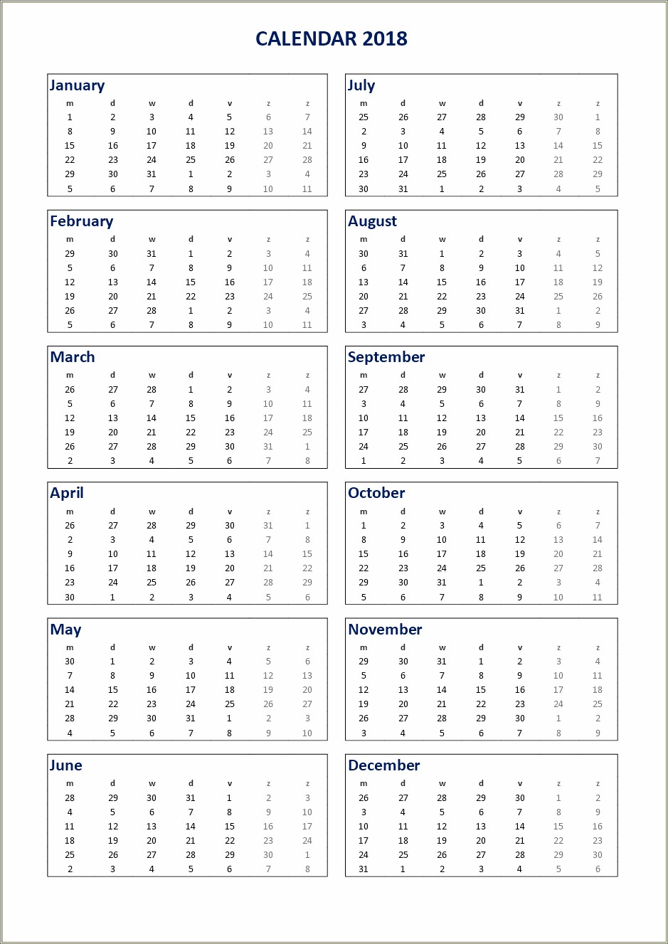 Free 2018 Calendar Template With Notes