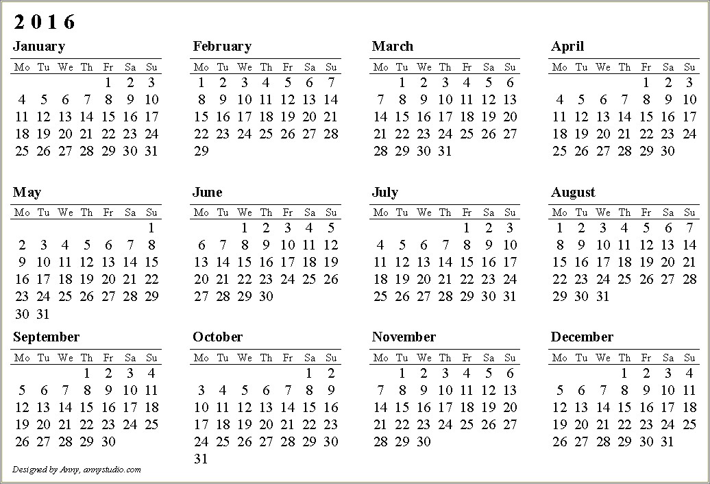 Free 6 Month Calendar Template 2016
