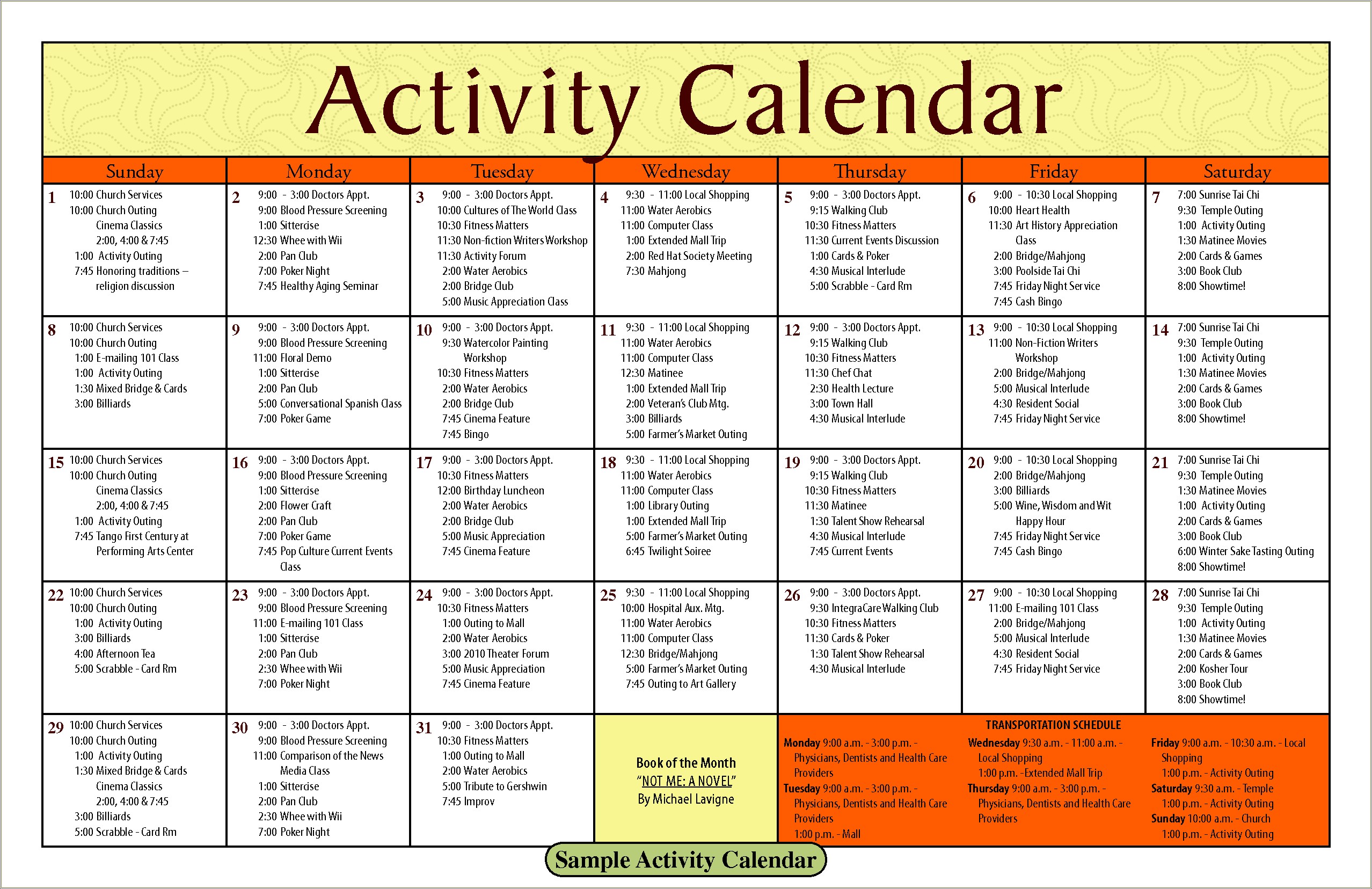 Free Assisted Living Activity Calendar Template