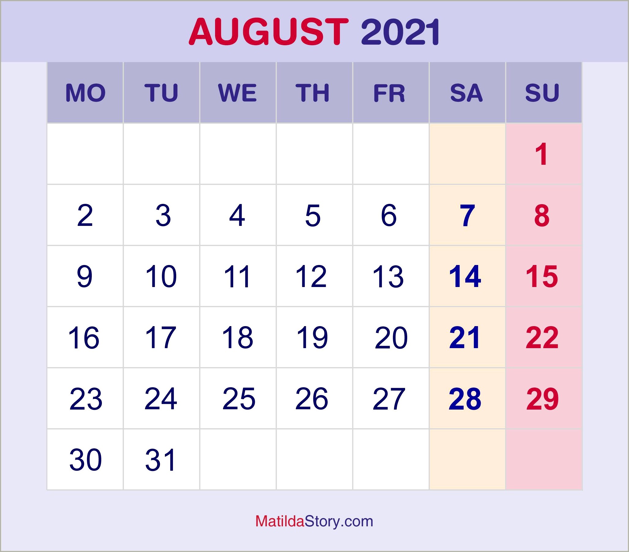 Free August Calendar Template Starting Monday