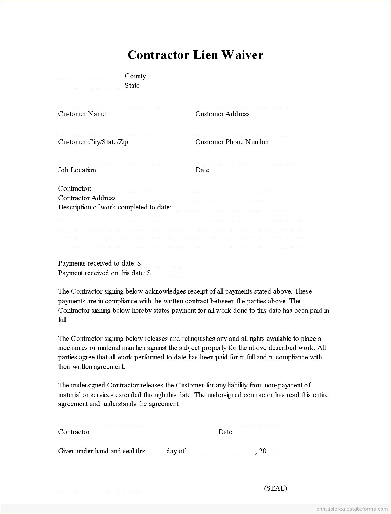 Free Basic Waiver Of Lien Template