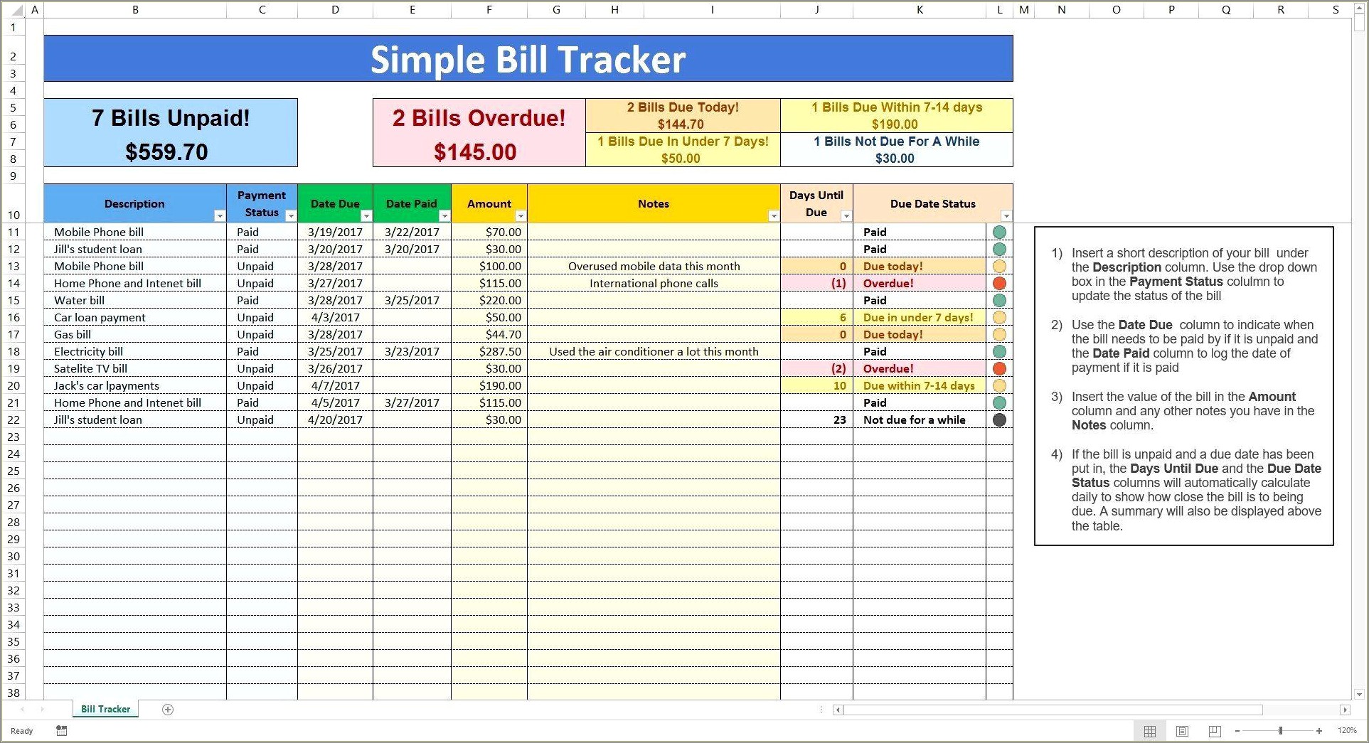 Free Bill Payment Tracking Template Excel