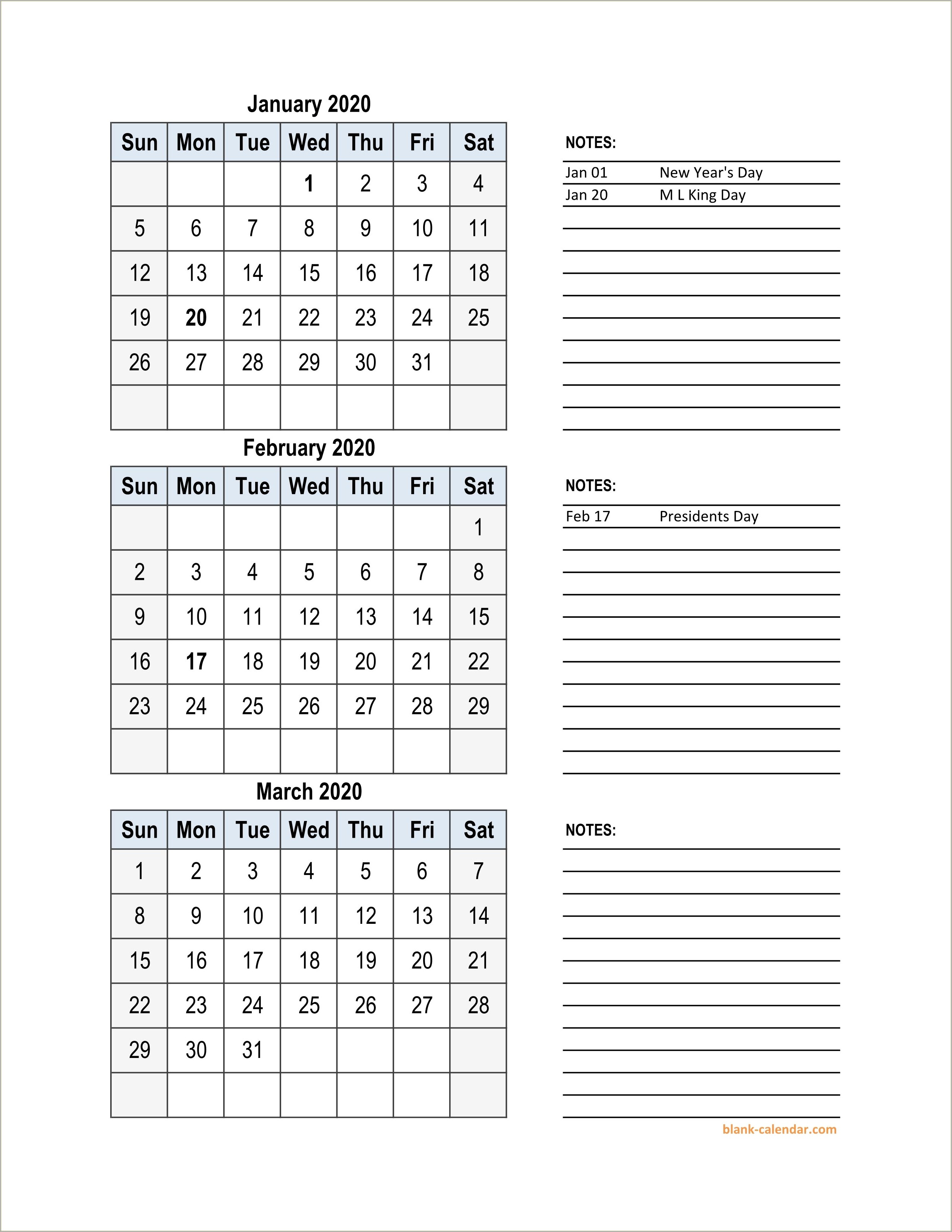 Free Blank 3 Month Calendar Template