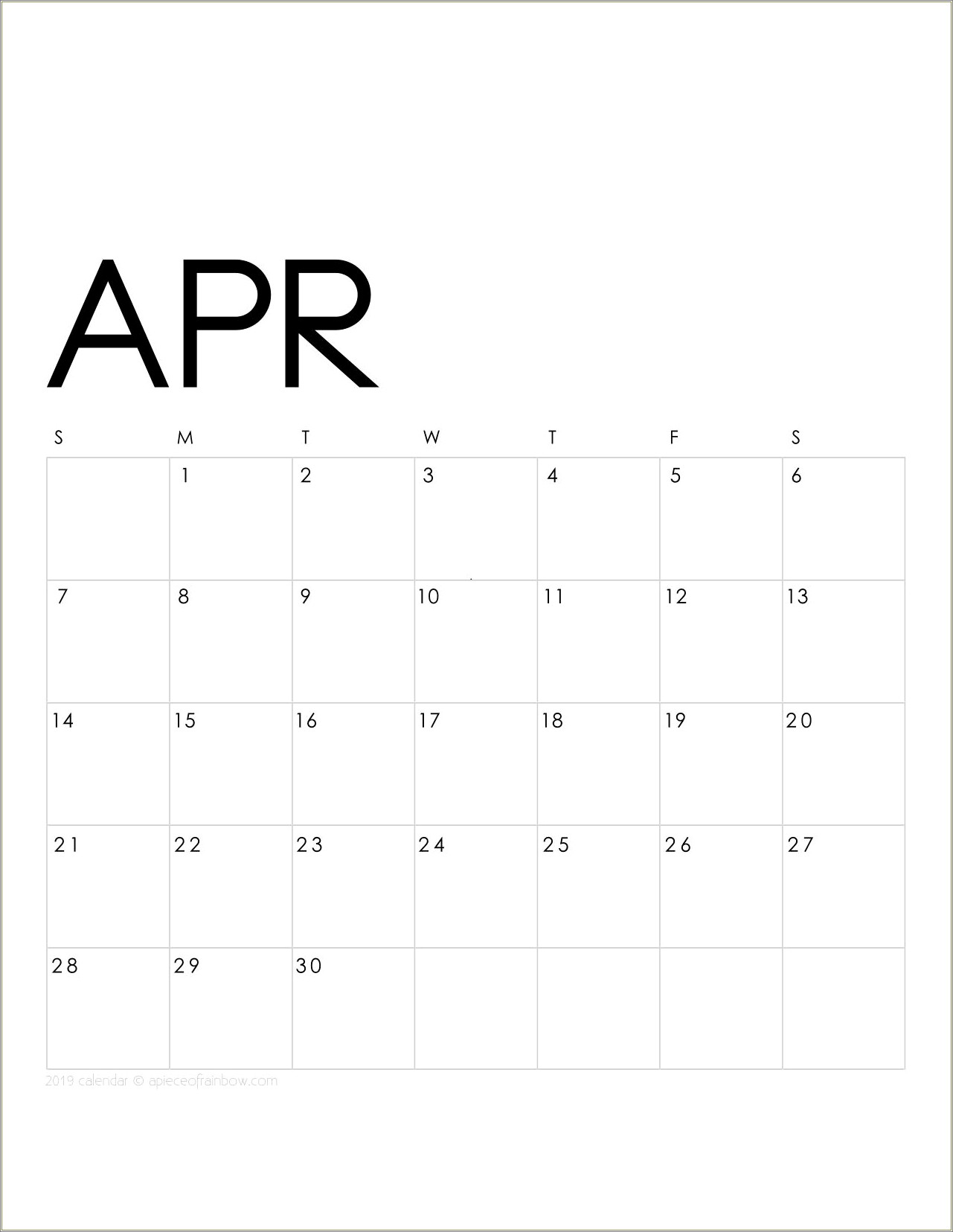 Free Blank April 2019 Calendar Template