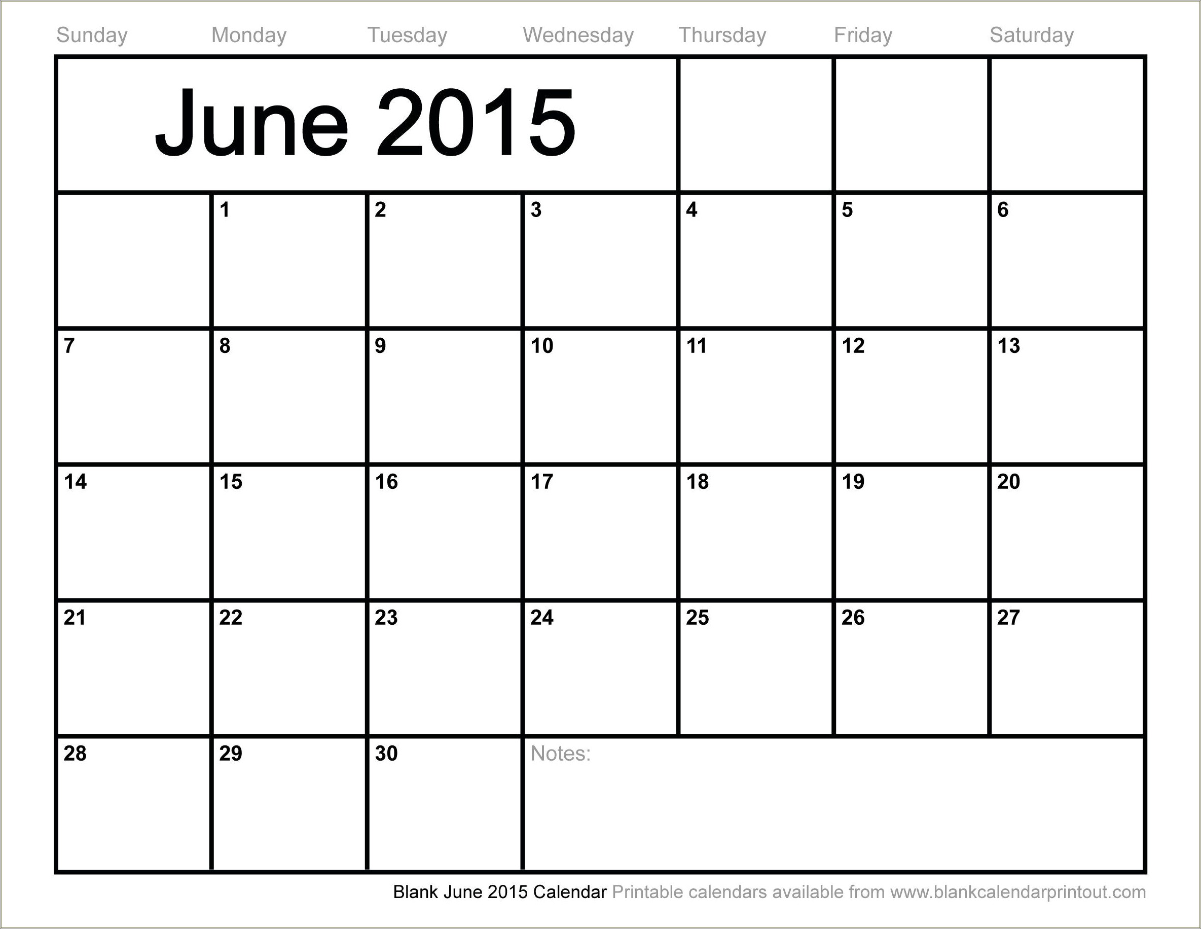 Free Blank Calendar Template June 2015