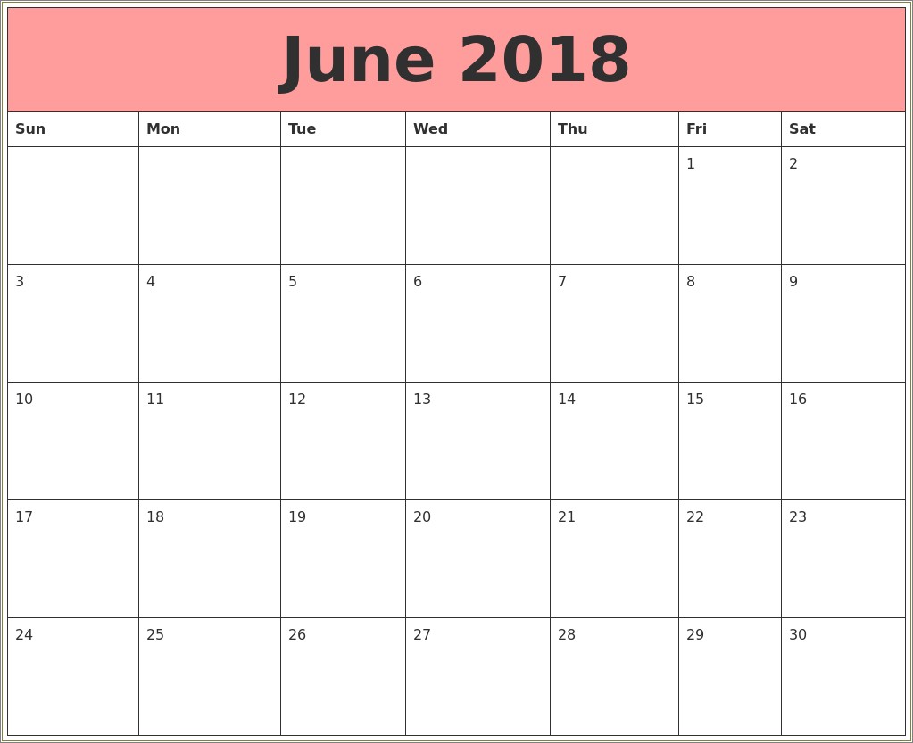 Free Blank Calendar Template June 2018