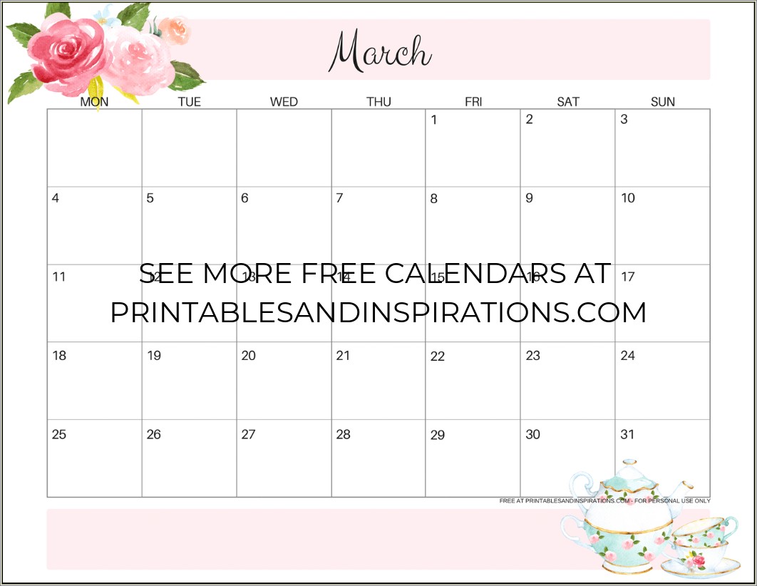 Free Blank March 2019 Calendar Template