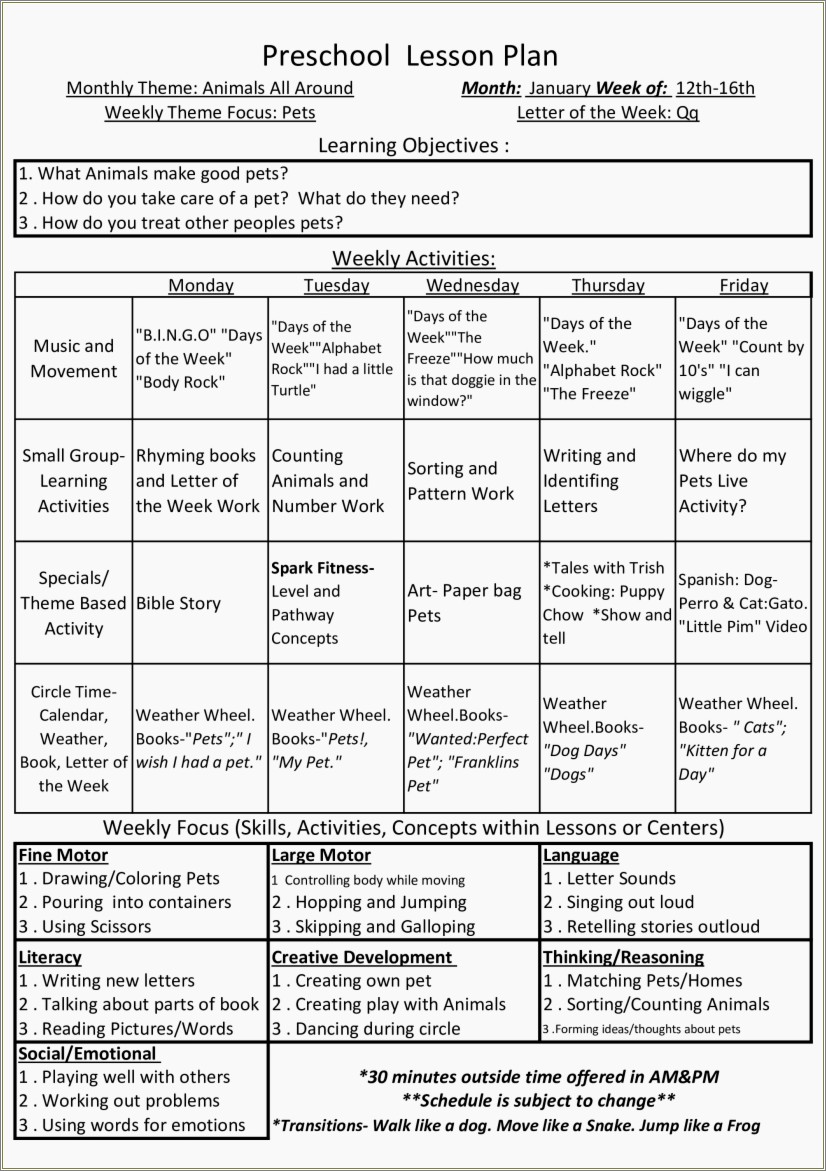 Free Blank Preschool Lesson Plan Template