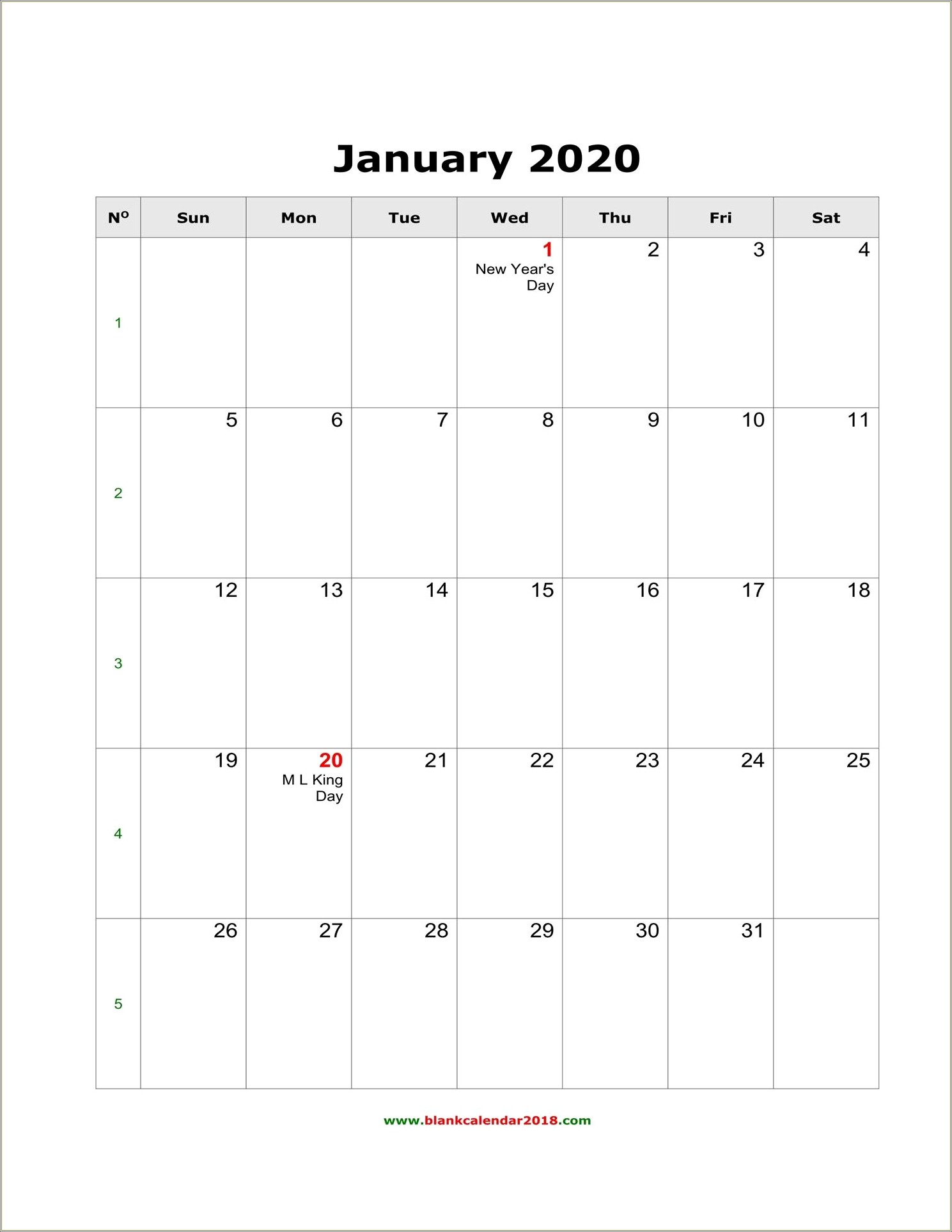 Free Calendar Template For January 2015