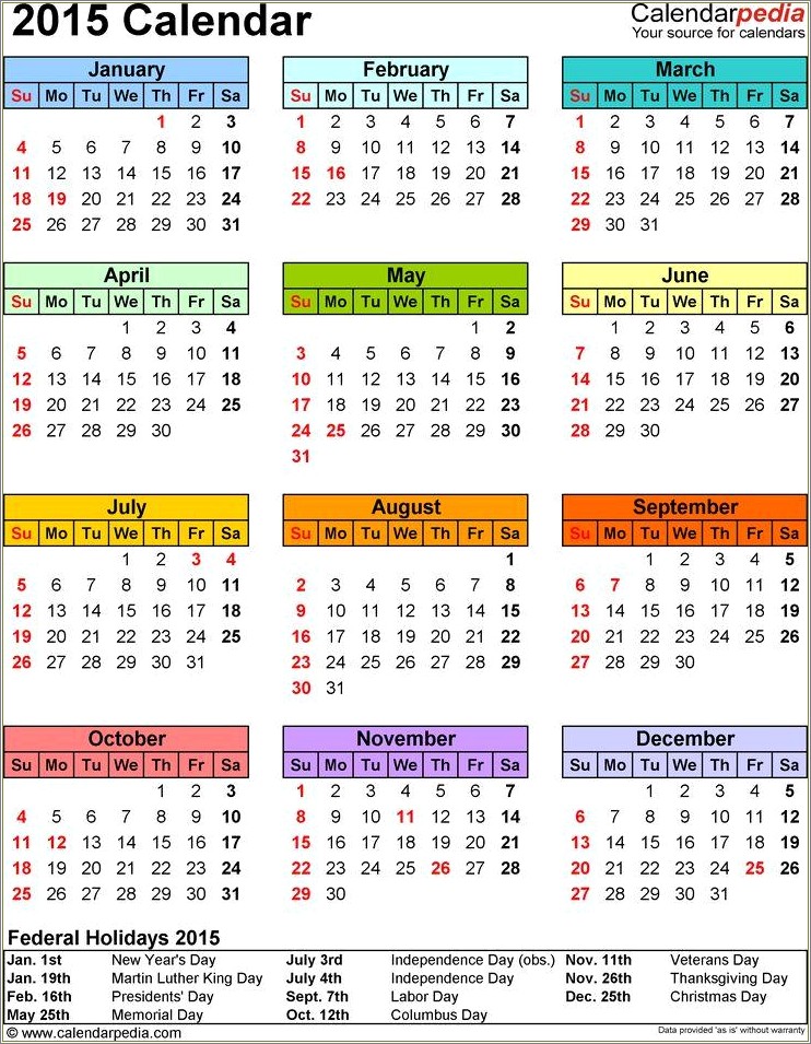 Free Calendar Template With Holidays 2015