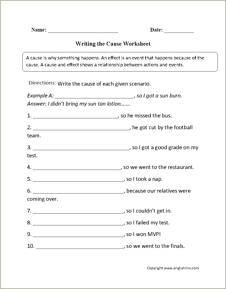 Free Cause And Effect Worksheet Templates