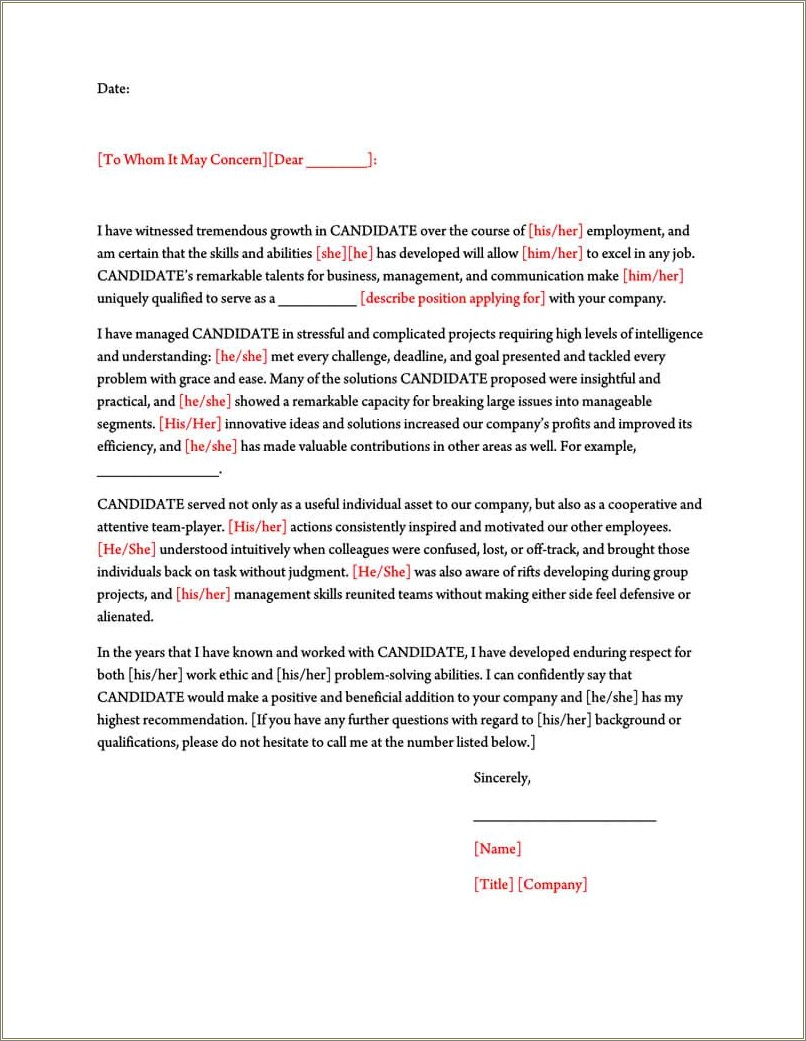 Free Character Letter Of Recommendation Template