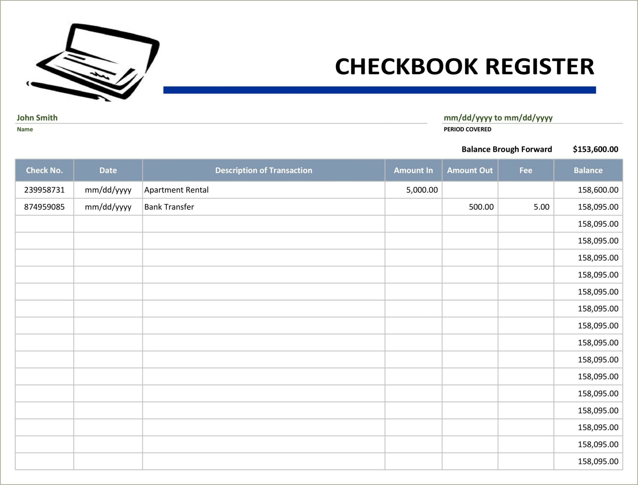 Free Checking Account Register Word Template