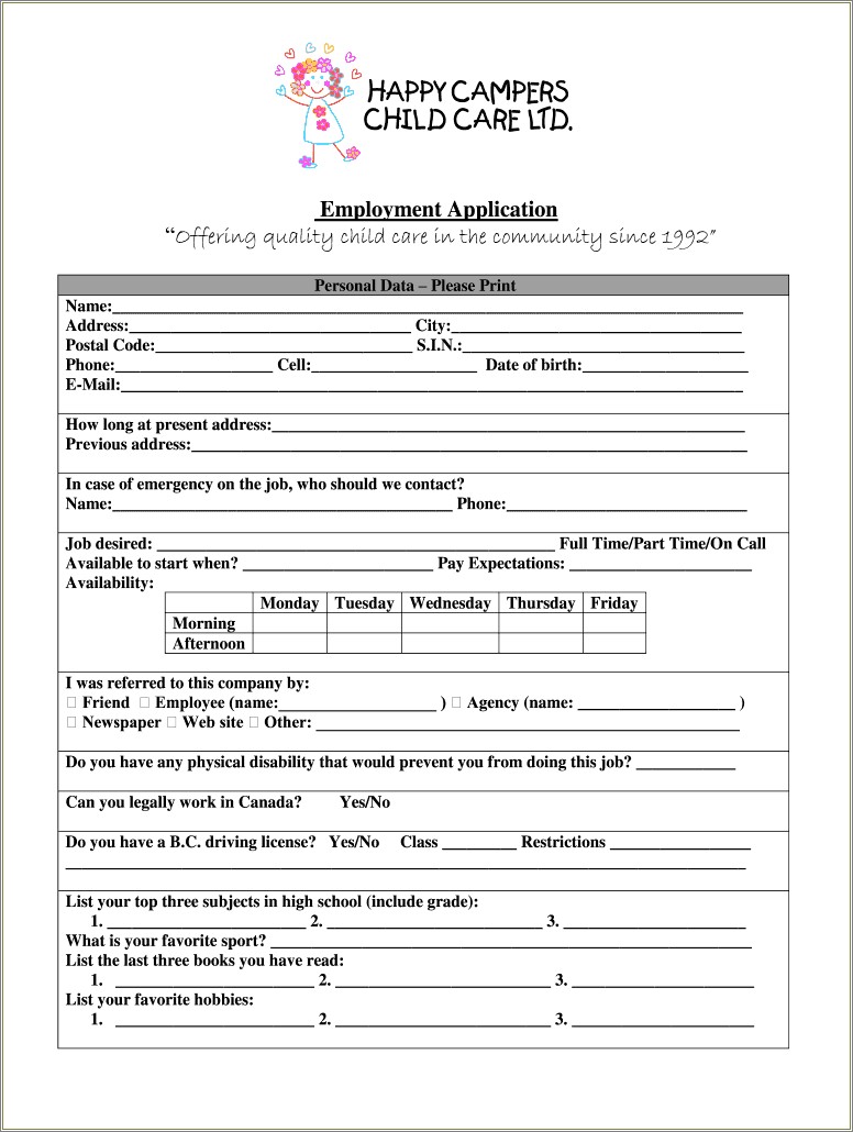 Free Child Care Employment Application Template