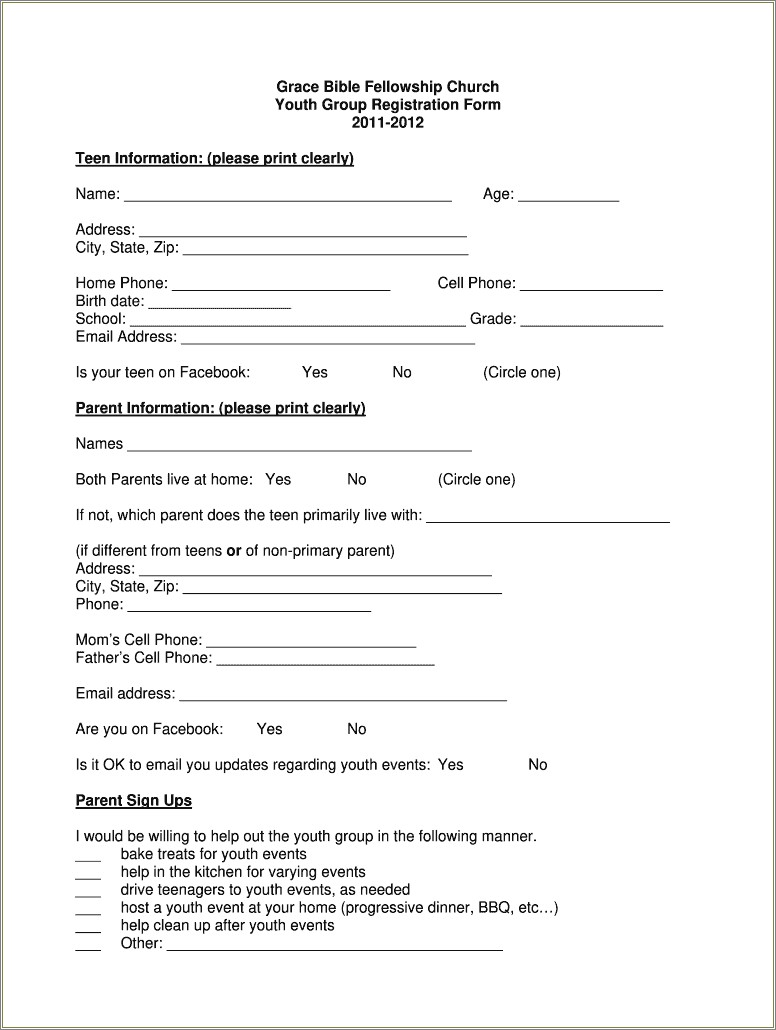 Free Church Contact Information Form Template