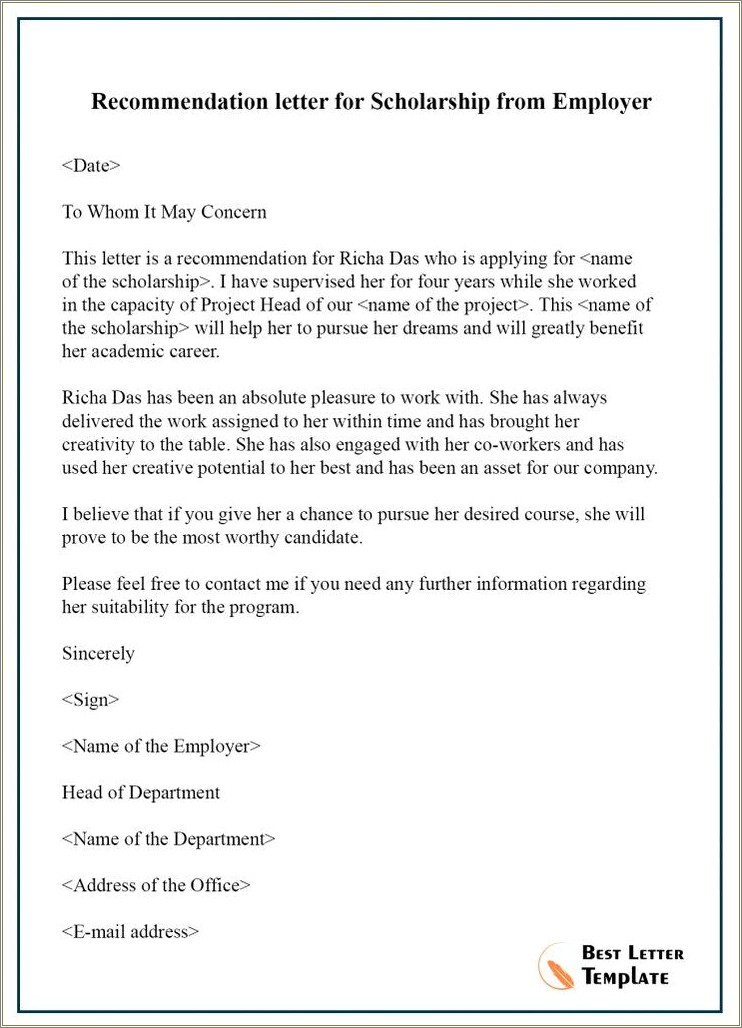 Free College Scholarship Recommendation Letter Template