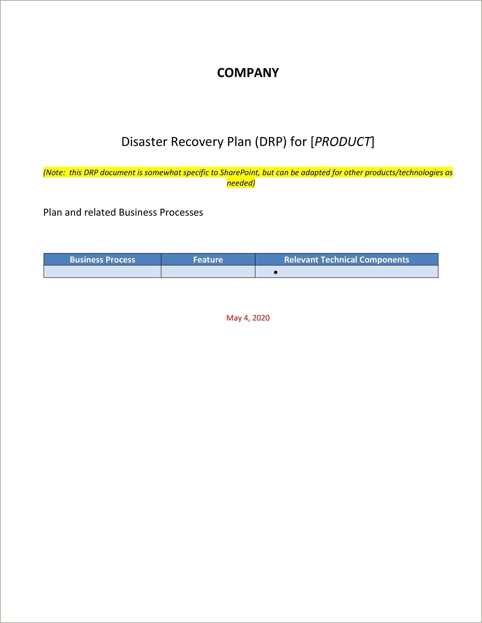 Free Company Disaster Recovery Plan Template
