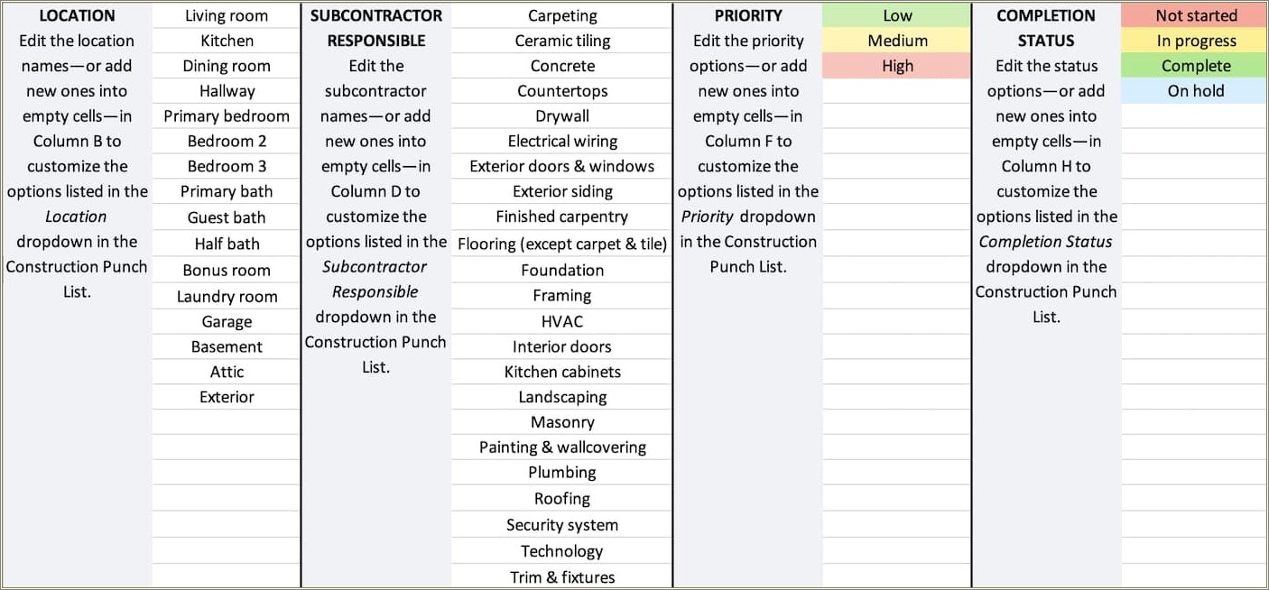 Free Construction Punch List Template Excel