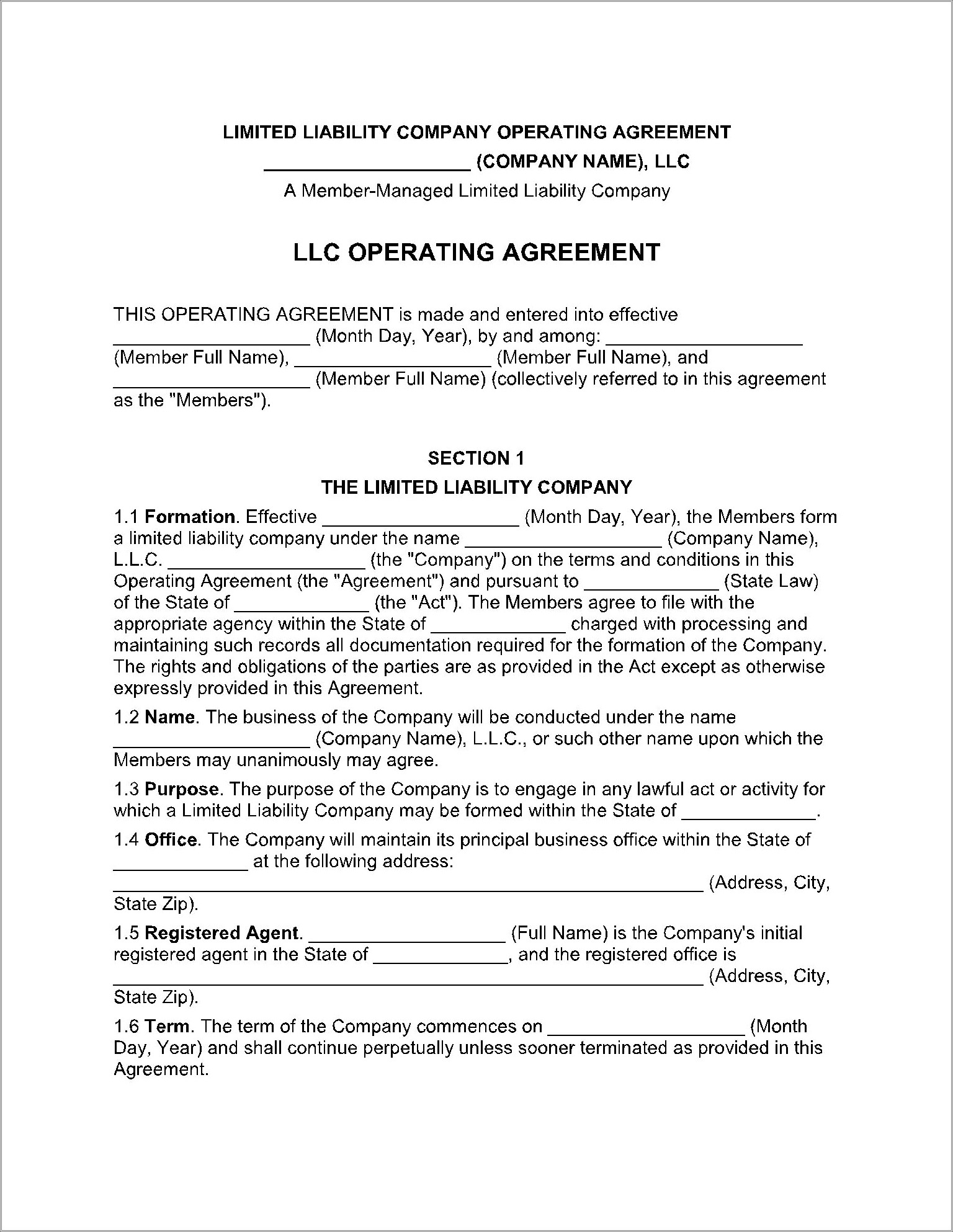 Free Corporation Operating Agreement Template Corporation