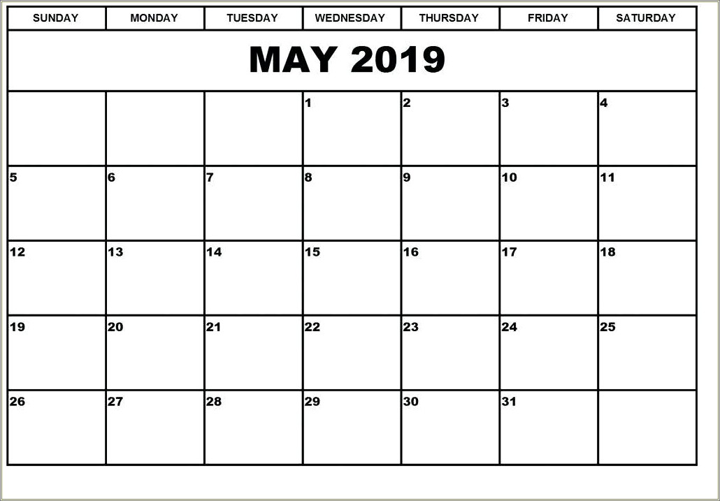 Free Downloadable May 2019 Calendar Template