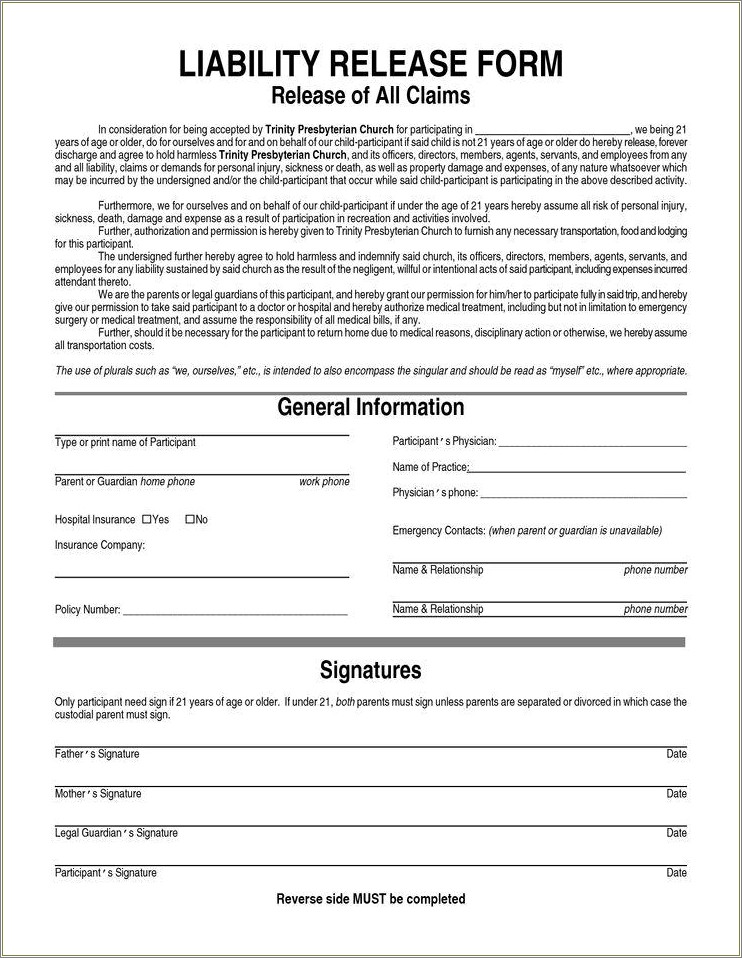 Free Downloadable Pdf Liability Waiver Template