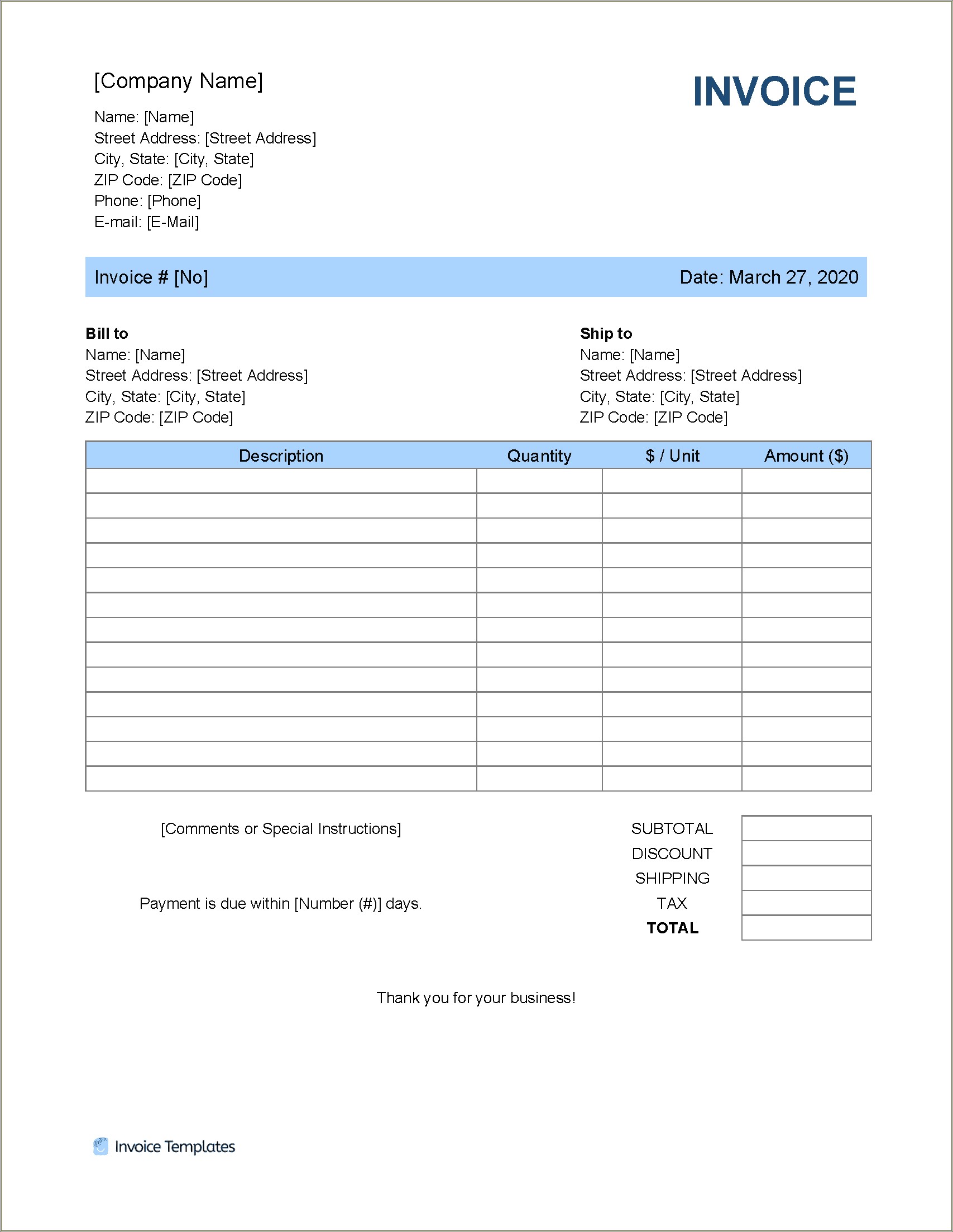 Free Downloadable Simple Blank Invoice Template