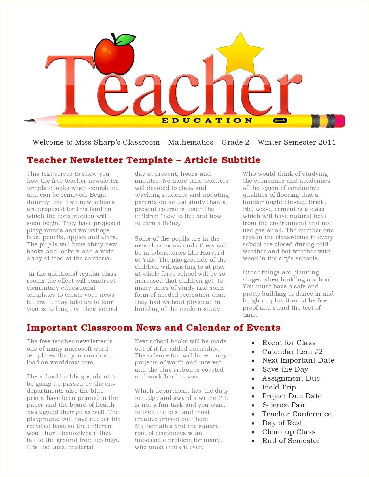 Free Email Newsletter Templates For Teachers