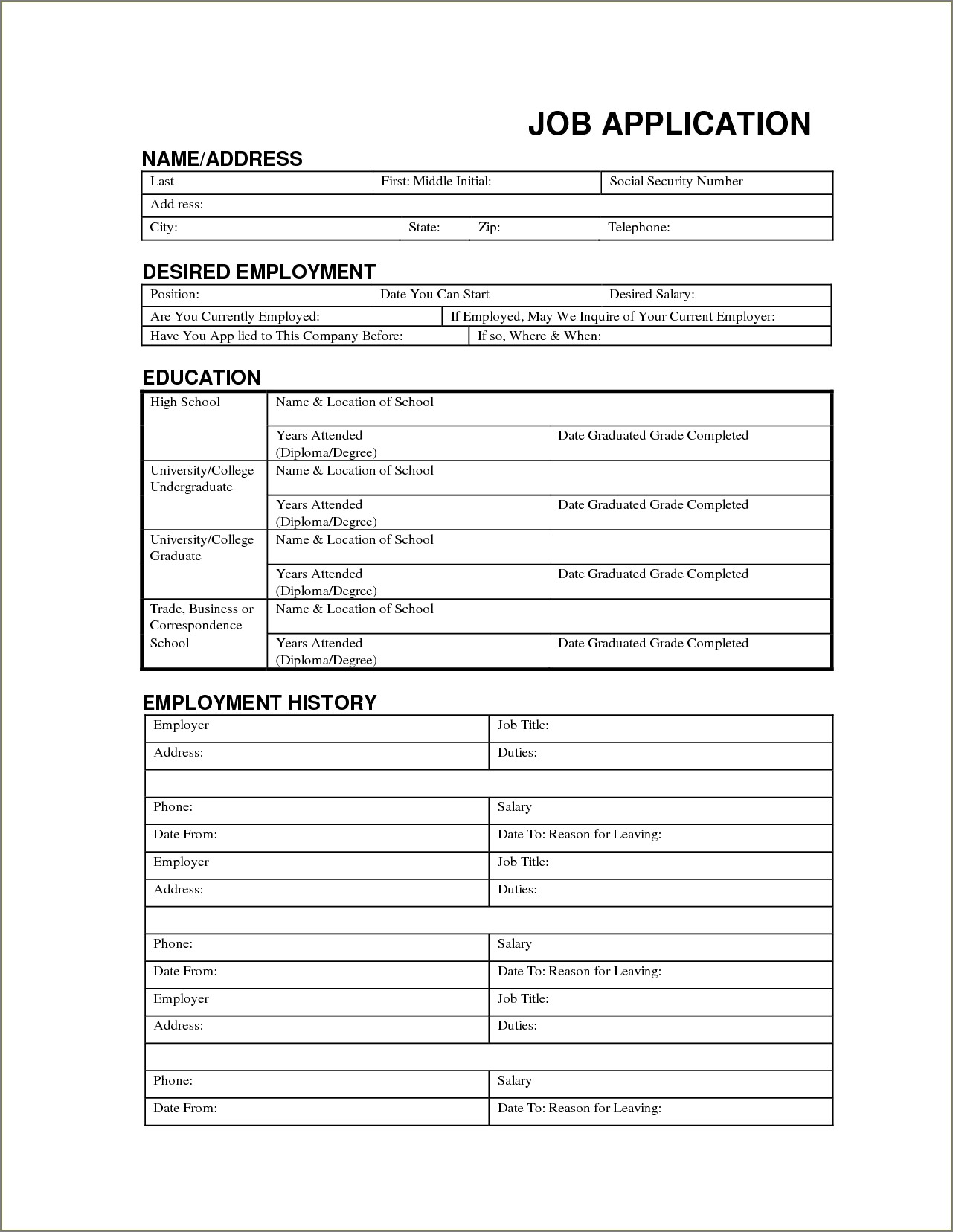 Free Employment Application Microsoft Word Template